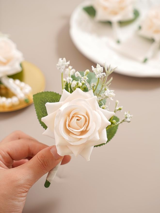 Champagne Rose Boutonnieres for Men Wedding with Pins, Set of 6, Baby's Breath Boutonniere for Best Men Groom Groomsmen Wedding Prom Homecoming