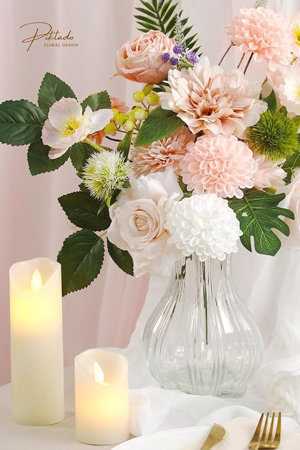 Artificial Wedding Dahlia Flowers 25 pcs Fake Roses with Stem for DIY Wedding Decor Centerpieces Arrangements Bouquets (Shades of Pink)