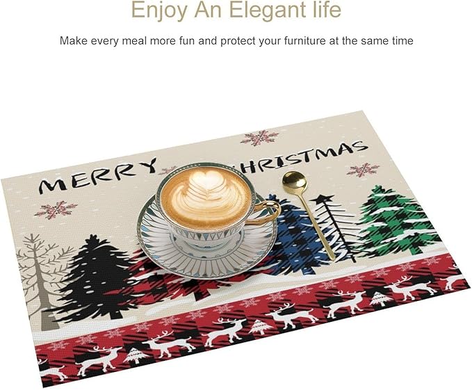Christmas Placemats Rustic Farmhouse Red Buffalo Plaid Elk Christmas Tree Winter Snowflake Placemats Table Kitchen Dining Party 12x18 Inch Set of 4