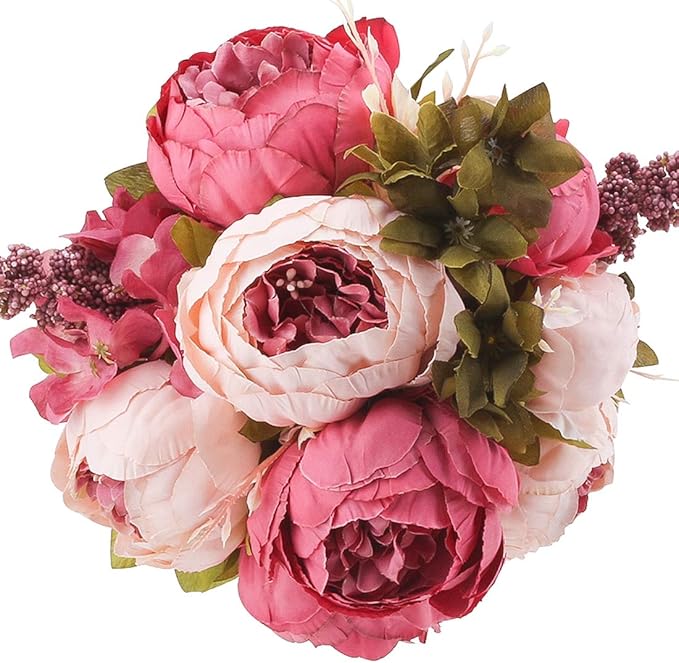 Flojery Silk Peony Bouquet Vintage Artificial Peonies Flower for Home Wedding Party Decor (1pcs, Dark Pink)