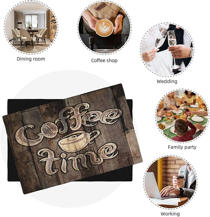 Coffee Place Mats Set of 4,Coffee Time Phrase with A Cup on A Wooden Grunge Background Kitchen Image Placemats for Dining Table 4 PCS, Cafe-1