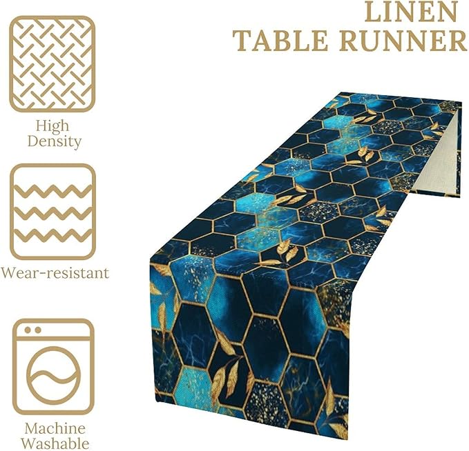 Sky Blue Honeycomb Table Runner Abstract Sea Blue Marble Hexagon Texture Golden Leaves Seasonal Dinner Runner Table Decoration for Farmhouse Home Kitchen Dining Holiday Party 13x90in