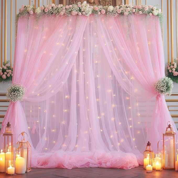 10x10ft Pink Tulle Backdrop Curtain with Lights String for Parites, Sheer Backdrop Curtains for Baby Shower Wedding Birthday Party Photo Shoot Decorations
