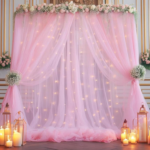 10x10ft Pink Tulle Backdrop Curtain with Lights String for Parites, Sheer Backdrop Curtains for Baby Shower Wedding Birthday Party Photo Shoot Decorations