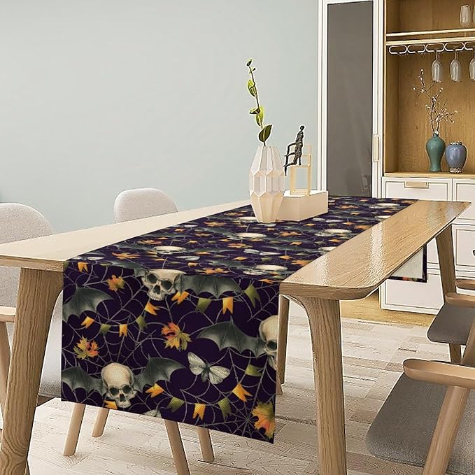 Gothic Table Runner,Vintage Moth Skull Bat Print Table Runner for Home Kitchen Table Dining Garden Farmhouse Wedding Party Decor 13x70 Inch