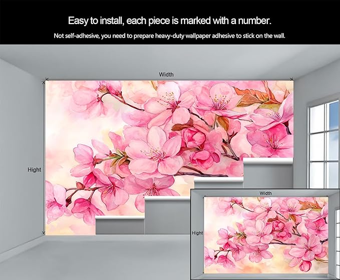 Watercolor Cherry Blossom Wall Mural, Japanese Cherry Blossom 3D Wall Murals, Simple Elegant Flowers Wallpaper Mural, for Living Room Bedroom Large Wallpaper Indoor Decor 169.3" W x118.2 H