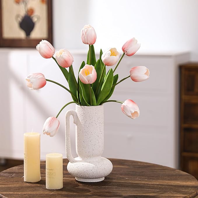 10PCS Artificial 18.5" Long Stem Blush Pink Tulips Bouquet PU Flowers, Fake 6 Color Tulip Faux Flowers with Bendable Stems for Floral Table Wedding Home Decor