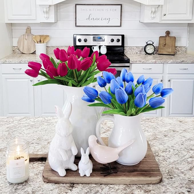 Beferr 18pcs Tulips Artificial Flowers Faux Tulip Real Touch Fake Flowers Bouquets Arrangements for Mothers Day Easter Spring Flowers Gifts Home Table Decor Rose Red