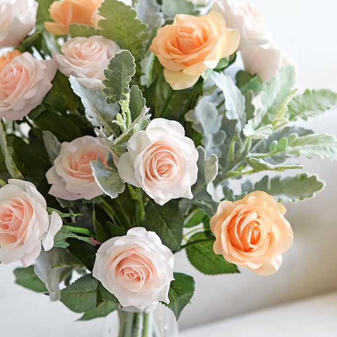 FiveSeasonStuff Fake Roses Wedding Flowers Real Touch Silk Cream Pink Artificial Flowers 12 Stems