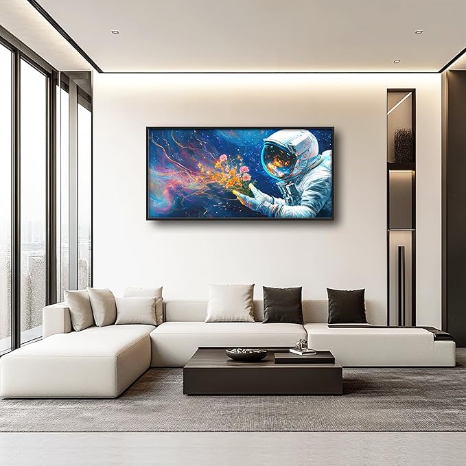 Astronaut Large Wall Art Galaxy Outer Space Pictures Wall Decor Flowers Above Over Bed Canvas Prints Painting Framed Artwork Decoration for Boys Bedroom Living Room 60"x30"