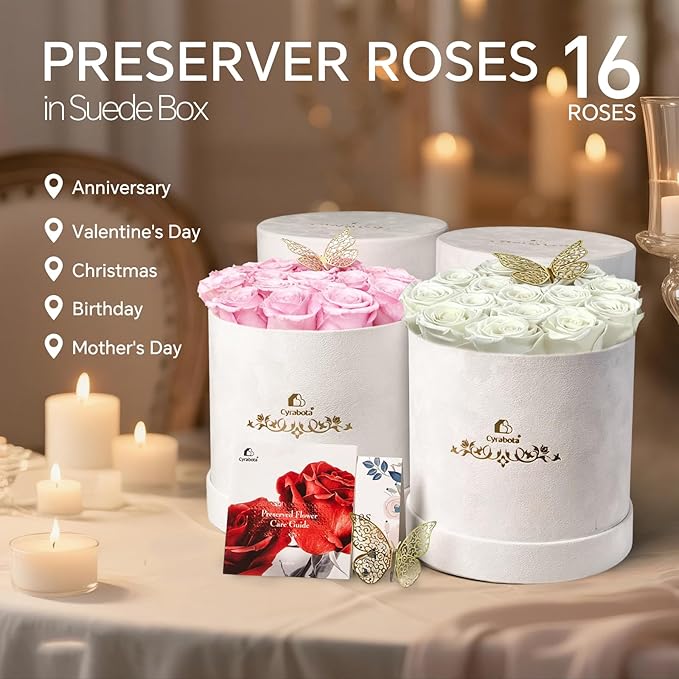 16 Pink Preserved Flowers in Round Gift Box, Forever Flowers Eternal Roses for Mother's Day, Birthday, Anniversary, Valentine's Day Gifts for Women Light Pink