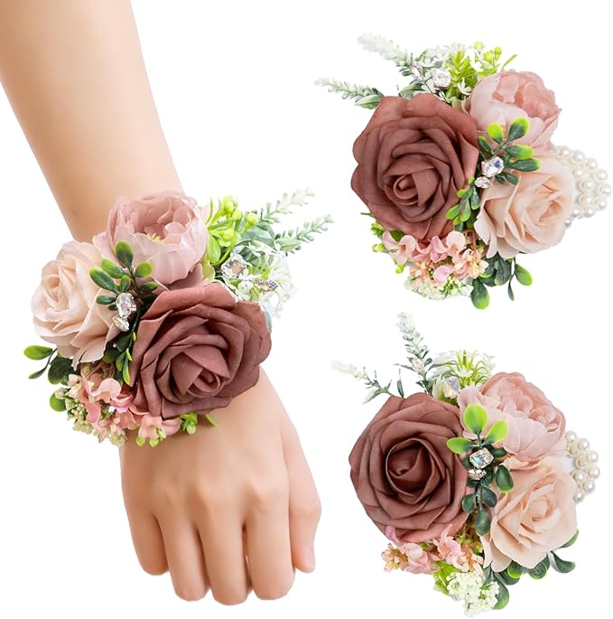 TINGE TIME Set of 2 Wrist Corsage Bracelets Pearl Wristlet Band Bridesmaid Bracelet for Wedding Ceremony Bridal Shower Wedding Artificial Flower Prom (DustyRose&Cream)