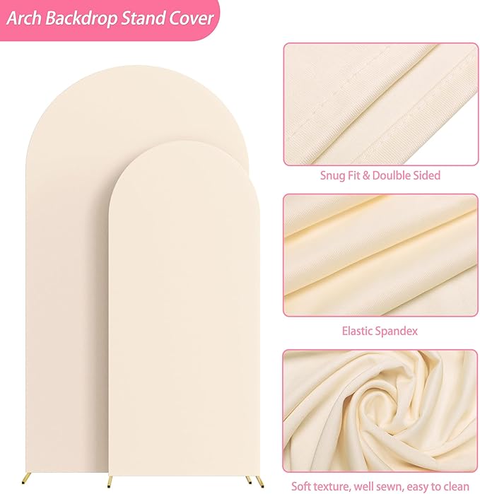 Putros Metal Arch Stand with Cover Set of 2 Beige Spandex Fitted Wedding Arch Cover and Round Top Chiara Backdrop Stand for Birthday Party Baby Shower Decoration 7.2FT, 6FT