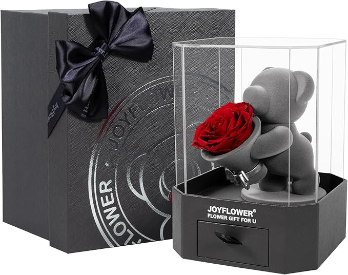 JoyFlower Cute Teddy Bear with Preserved Rose, Eternal Real Rose in Bear with Acrylic Box, Romantic Gift for Girlfriend Wife Her in Valentine's Day, Birthday, Christmas, Weddings, Anniversaries