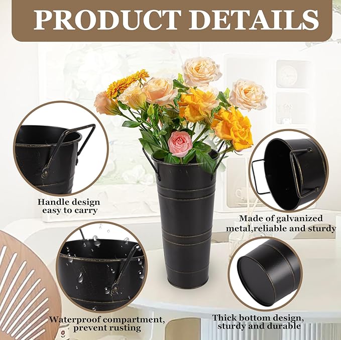 12pcs Small Black Rustic Vase, Small Metal Vases for Flowers, Galvanized Metal Bucket with Handles, Rustic Farmhouse Vases for Flowers for Home Décor (Black,10'' Height,Set of 12)