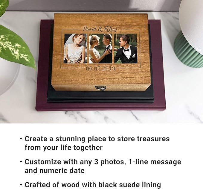 Let's Make Memories Personalized Wooden Keepsake Box With Hinged Lid - Wood Memento Box - Decorative Storage - Home Decor - For Couples, Wedding, Newlyweds - Upload Your Photo - Memories