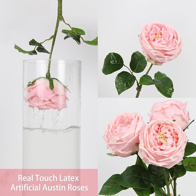 IPOPU Real Touch Rose Artificial Flowers 5PCS Faux Pink Peonies Realistic Roses with Stem for Wedding Bouquet Party Home Decor (Pink)