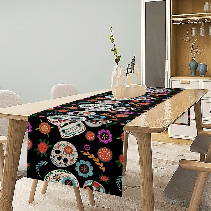 Gothic Skull Table Runner,Vintage Style Colourful Table Runner for Home Kitchen Table Dining Garden Farmhouse Wedding Party Decor 13x60 Inch