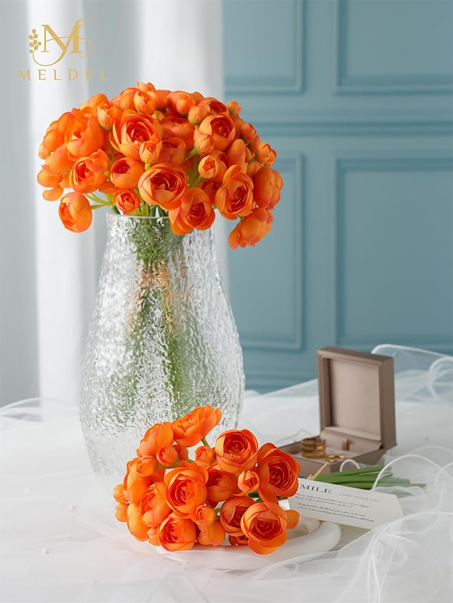 Meldel 32pcs Ranunculus Artificial Flower, Faux Silk Mini Orange Ranunculus Flowers for DIY Bouquet, Bulk Fake Peony Wedding Filler Flowers for Centerpieces Arrangements Bridal Shower Decorations