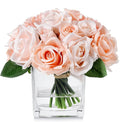 18 Heads Silk Rose Flowers in Vase, Artificial Floral Arrangement in Vase with Fake Water for Home Decor (Pink)