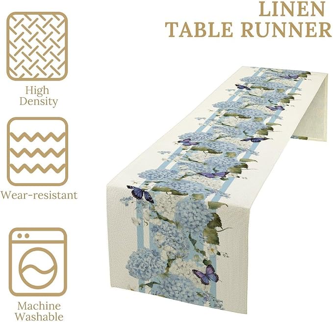 Blue Floral Table Runner, Spring Summer Watercolor Hydrangea Flower Butterfly Country Farmhouse Coffee Table Center Decor for Home Kitchen Dining Patio Holiday Party Table Decorations 13x108 inches