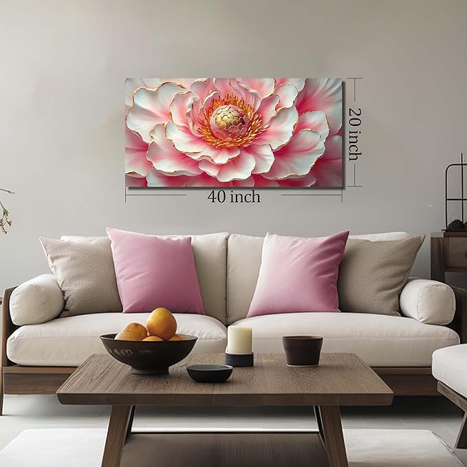 Pink & White Peony Floral Canvas Wall Art with Gold Accents, Abstract Flower Pictures for Living Room Bedroom Wall Decor, Printed Painting Artwork Home Decorations, Size 40x20 Inches - Ready to Hang