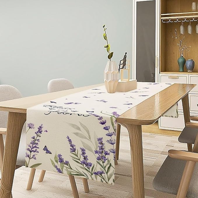 Purple Floral Table Runner, Spring Summer Watercolor Lavender Flower Country Farmhouse Coffee Table Center Decor for Home Kitchen Dining Patio Holiday Party Table Decorations 13x108 inches