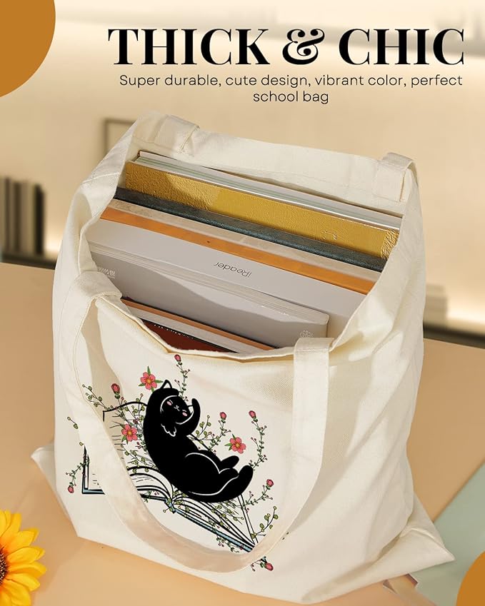 AUSVKAI Cute Book Canvas Tote Bag Aesthetic For Women Grocery Bag Cotton Beach Totes Gift-Black Cat Book