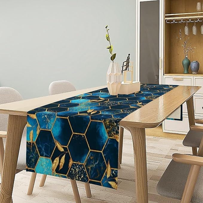 Sky Blue Honeycomb Table Runner Abstract Sea Blue Marble Hexagon Texture Golden Leaves Seasonal Dinner Runner Table Decoration for Farmhouse Home Kitchen Dining Holiday Party 13x36in