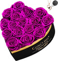 Preserved Roses Flowers for Delivery 16 Pcs, Forever Flores in Heart Box with Necklace, Eternal Rose Anniversary Birthday Gift for Women Wife Girlfriend, Rosas for Valentines Christmas, Purple