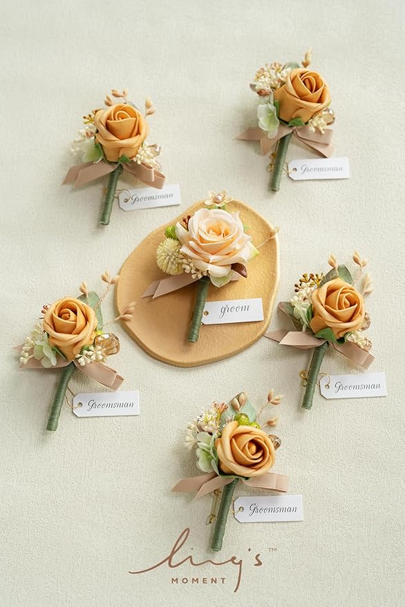Ling's moment Boutonniere for Men, 6pcs Groom Groomsmen Boutonniere, Artificial Flowers for Wedding Decor/Prom/Homecoming, etc.Yellow Apricot Peach