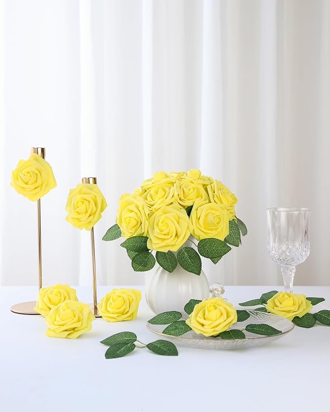 DuHouse 50Pcs Artificial Roses Flowers Fake Roses with Stems Real Touch Foam Flowers for DIY Wedding Bouquet Baby Shower Centerpiece Floral Arrangement Party Home Decor(Yellow)