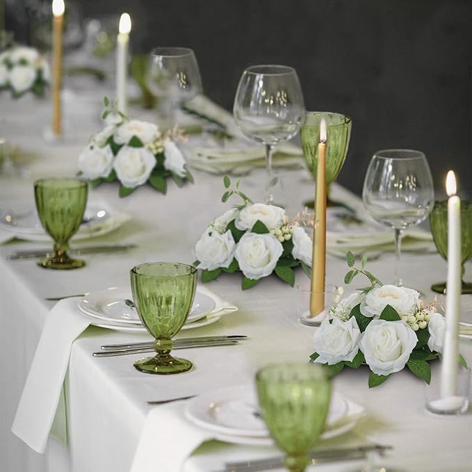 BLOSMON Artificial Flowers Ball Wedding Centerpieces 6 Pcs White Rose Artificial Flower Center Pieces Decoration for Table Silk Kissing Ball Faux Floral Bouquet Arrangements for Home Party DIY Decor