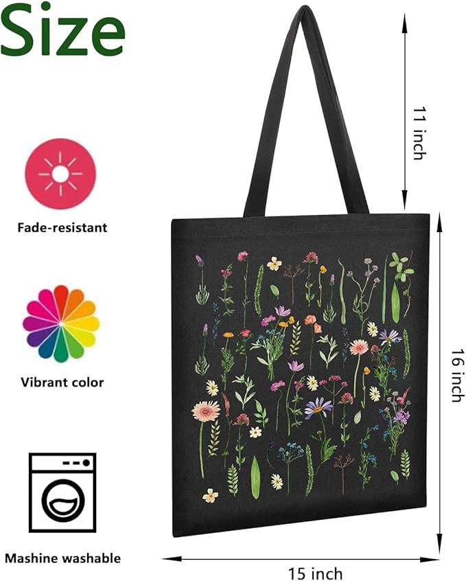 AUSVKAI Cute Canvas Tote Bag Aesthetic For Women College Grocery Bag Cotton Cloth Beach Totes Gift-Black Flowers