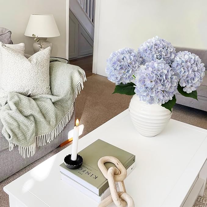 Boho Fake Hydrangea Artificial Flowers, 4Pcs 22" Large Lifelike Silk Artificial Hydrangeas, Full Fake Flowers for Bouquet Table Centerpieces Wedding Indoor Home（Light Blue Violet