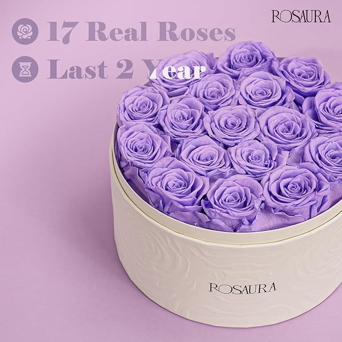 Rosaura Round Preserved Roses Gift Box - Real Forever Flowers for Birthday, Valentine's & Mother's Day (Light Purple, 17 Roses)