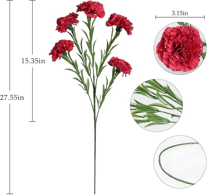 IPOPU Red Carnations Artificial Flowers 30 Heads 27.56in 6PCS Silk Carnations Flowers with Stems for Wedding Home Centerpieces Floral Arrangements(Red)
