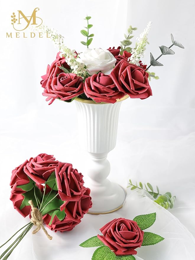 Meldel Artificial Flower 50pcs Real Looking Red Rose Fake Foam Roses with Stems for DIY Wedding Bouquets Gifts Bulk Crafts Faux Floral Centerpieces Arrangements Home Party Tables Decorations