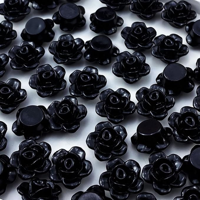 200pcs Acrylic Rose Flower Beads Candy Color Flat Back Spacer Beads Loose Pastel Colorful Decor for DIY Crafts Jewelry Making Bracelet Necklace Earrings(Black)