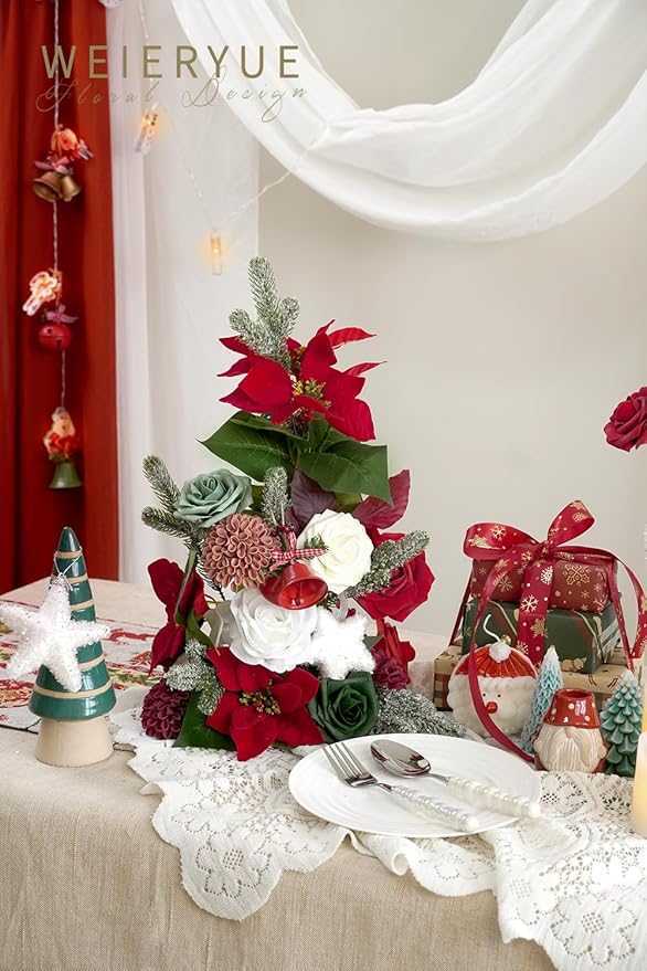 Artificial Flower Box Set Christmas red Themed Floral Decorations，Silk Fake Flowers for DIY Centerpieces Cake Decorations, Xmas Wreath Floral Arrangements Party (Merry Christmas Red)