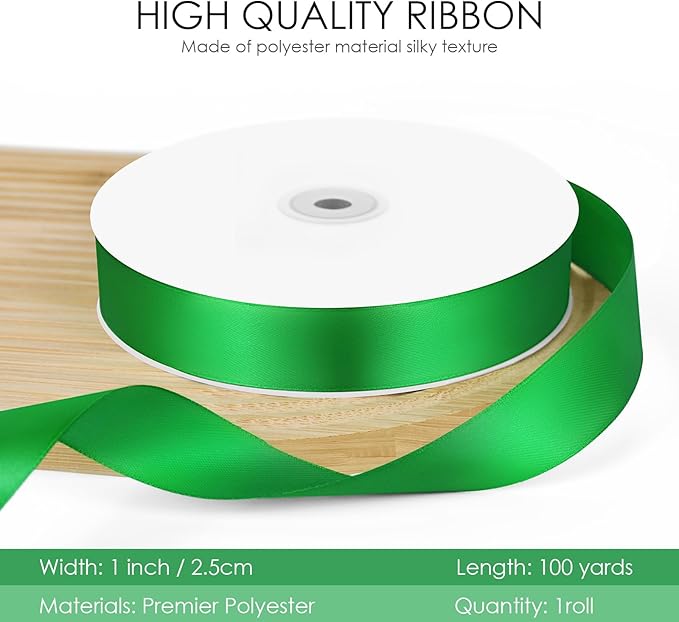 100 Yards 1 inch Satin Ribbon, Fabric Ribbon Solid Color Perfect for Gift Wrapping, Wedding, Handmade Bows, Floral Bouquets and Party Decoration(Green)