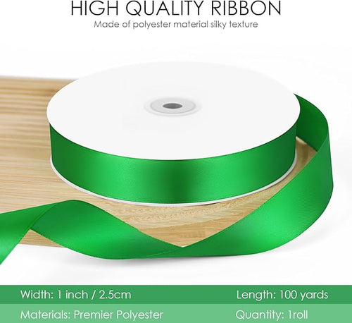 100 Yards 1 inch Satin Ribbon, Fabric Ribbon Solid Color Perfect for Gift Wrapping, Wedding, Handmade Bows, Floral Bouquets and Party Decoration(Green)