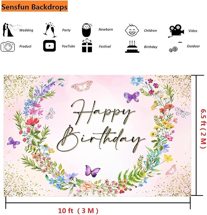 Sensfun Wildflower Happy Birthday Backdrop Banner WildFlower Birthday Decorations,Spring Floral Butterfly Photography Background for Girls Wildflower 1st Birthday Party Decor Photo Booth Prop 10x6.5ft