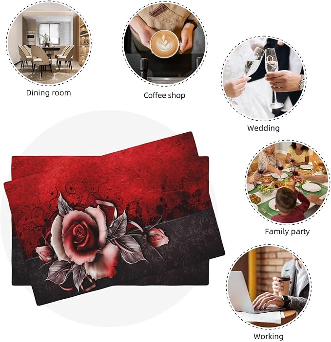 Rose Linen Table Placemats Set of 6 Vintage Flowers Place Mats for Home Party Kitchen Indoor Holiday Rustic Washable Heat Resistant Table Mats 12 x 18 Inch