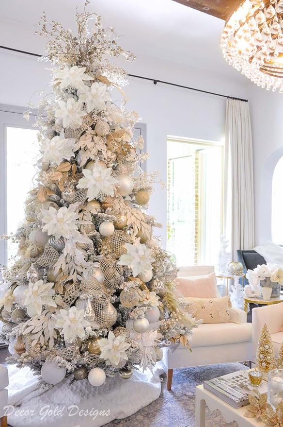 RECUTMS 10 Pcs Christmas Glitter Artificial Poinsettia Flowers 6inch Christmas Tree Decoration Christmas Wreath Holiday Seasonal Decorations (White, 6inch)