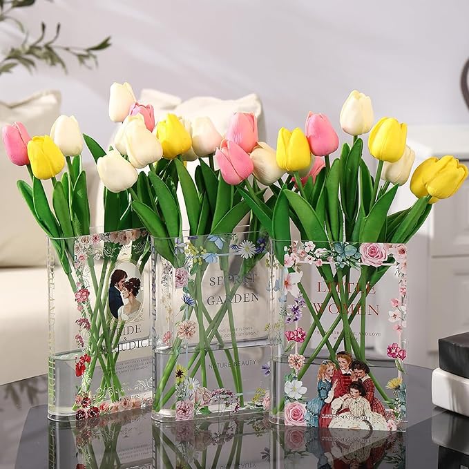 Acrylic Book Vase,Clear Book Vases for Flowers, Book Flower Vase, Small Vase, Book Lovers Gifts, Aesthetic Vases for Living Room/Bookshelf/Bedroom/Office Decor, Set of 3