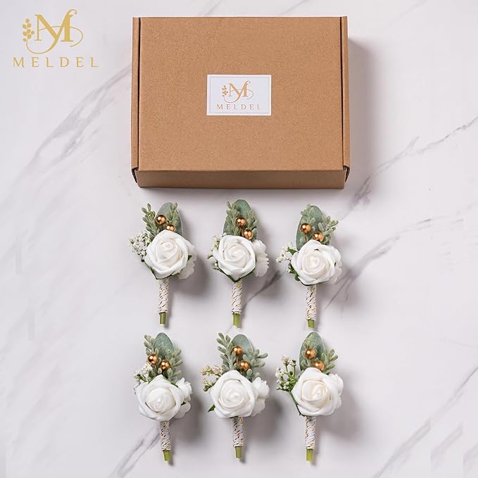 Meldel White Boutonniere for Men Wedding,Set of 6,Groom and Groomsman Boutonniere for Wedding,Greenery Rose Corsage for Men Ceremony Anniversary Party Prom Homecoming