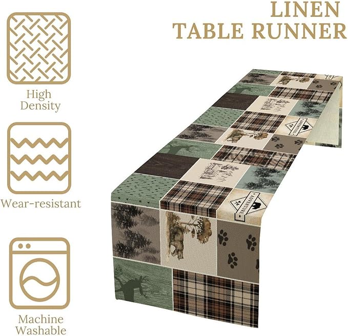 Bear Deer Table Runner,Rustic Lodge Retro Country Farmhouse Buffalo Plaid Print Tablecloth Burlap for Hotel Indoors Outdoor Dining Room Kitchen Home Decor,W13X L60 in