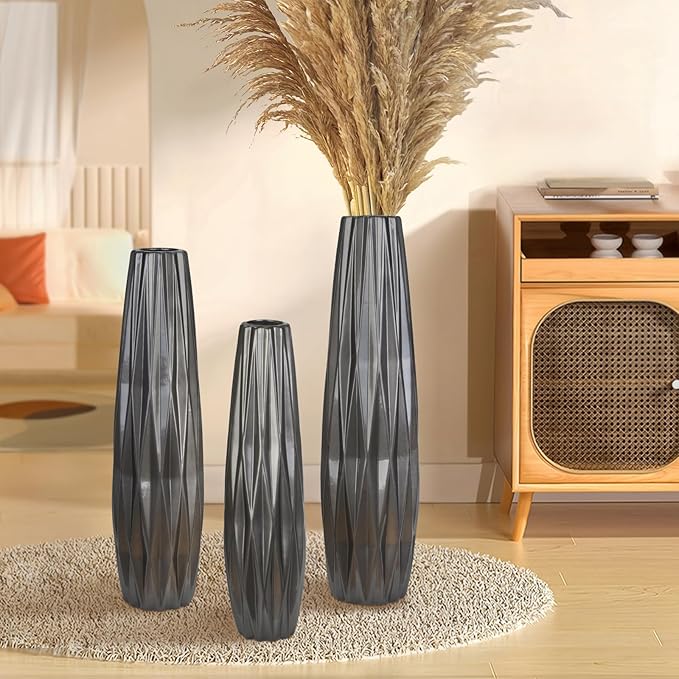 Silvery Ceramic Tall Floor Vase,24 Inch Large Modern Flower Vases for Home Décor,Wicker Big Floor Vases Decorations for Farmhouse, Living Room,Bedroom,Standing Plastic Vase Decorative Tall