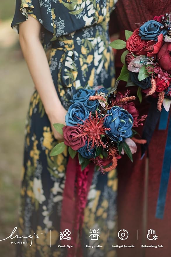 Ling's moment Terracotta Artificial Flowers Bridesmaid Bouquet Set of 4, Burgundy & Navy Blue Wedding Flowers Bouquets for Bridesmaids, 7 Inch Bridal Bouquets for Bridesmaids, Wedding, Ceremony